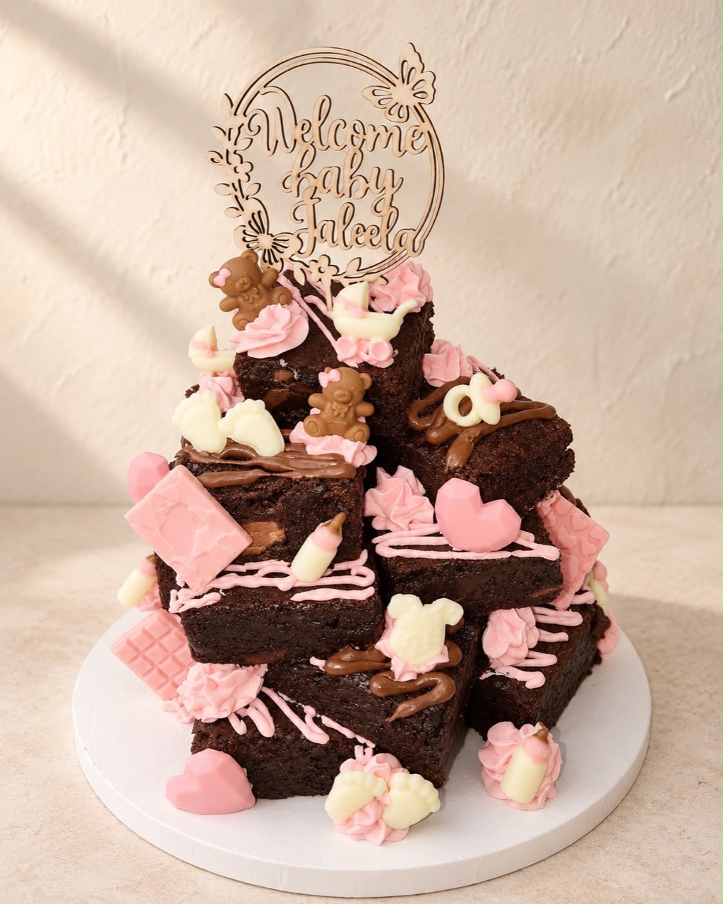Pink baby celebration brownie tower