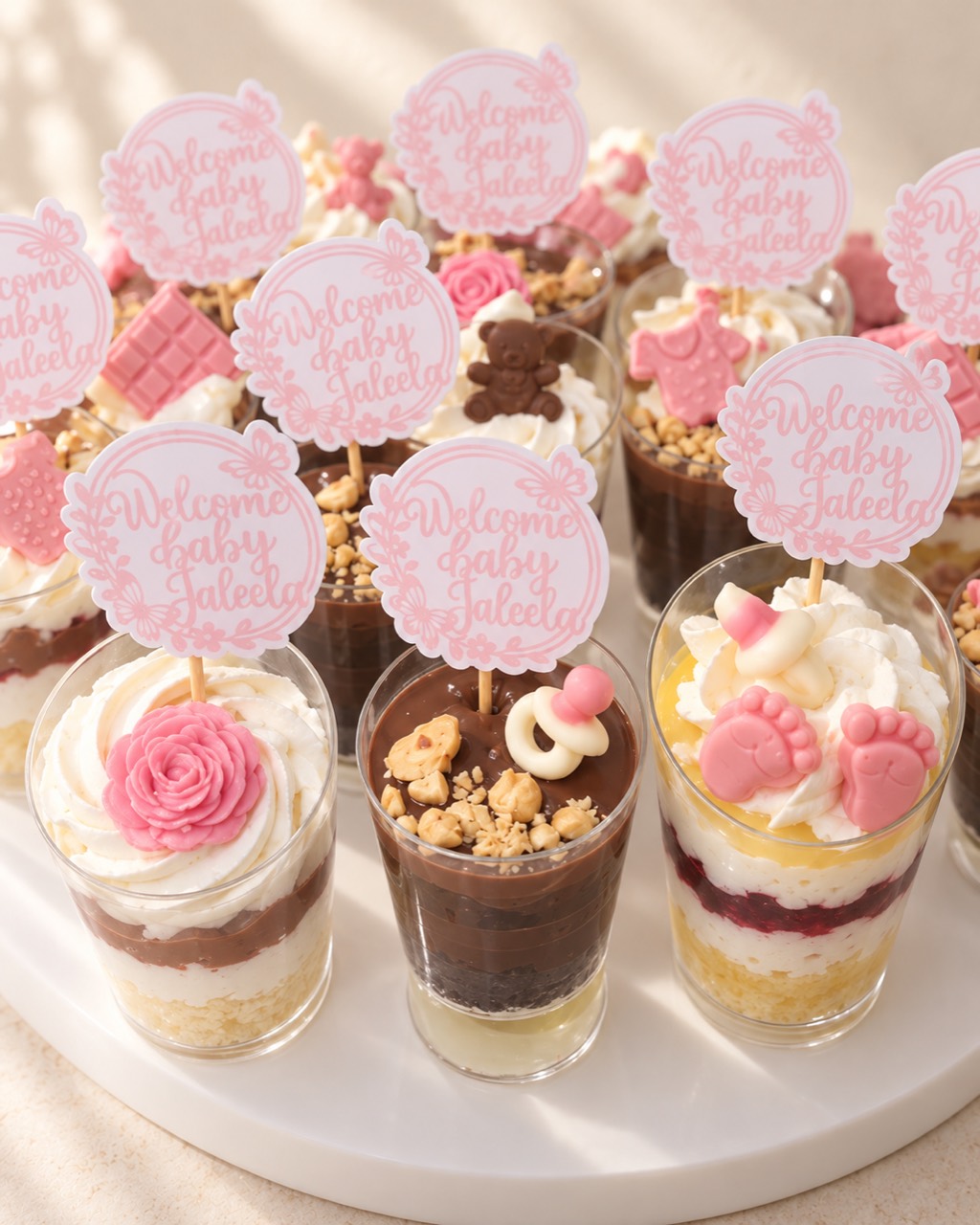 Pink baby celebration dessert cups