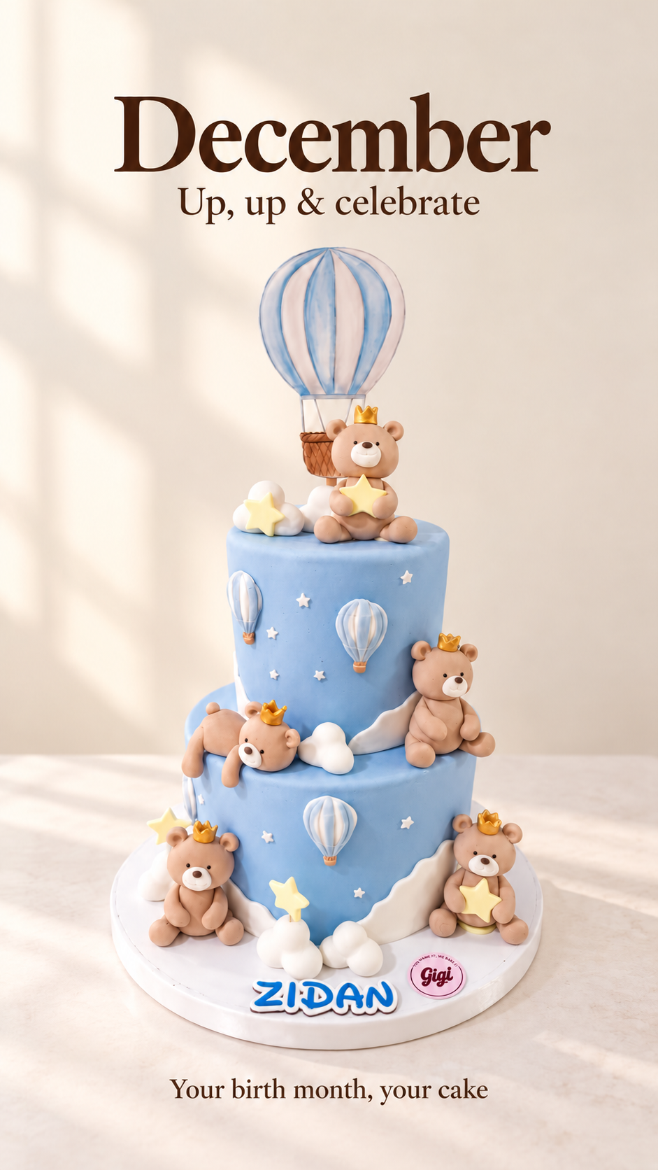 Blue teddy bear and hot-air balloon cake