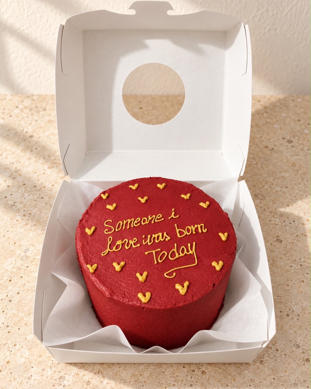 Red bento cake with gold hearts and a birthday message