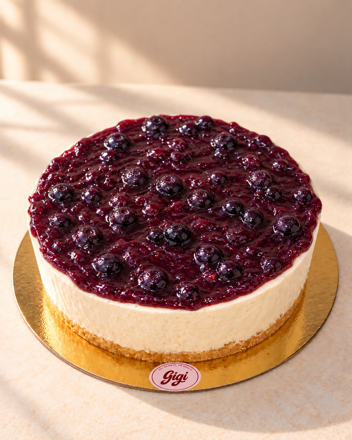 Blueberry cheesecake with the Gigi logo — AI-generated flavor preview