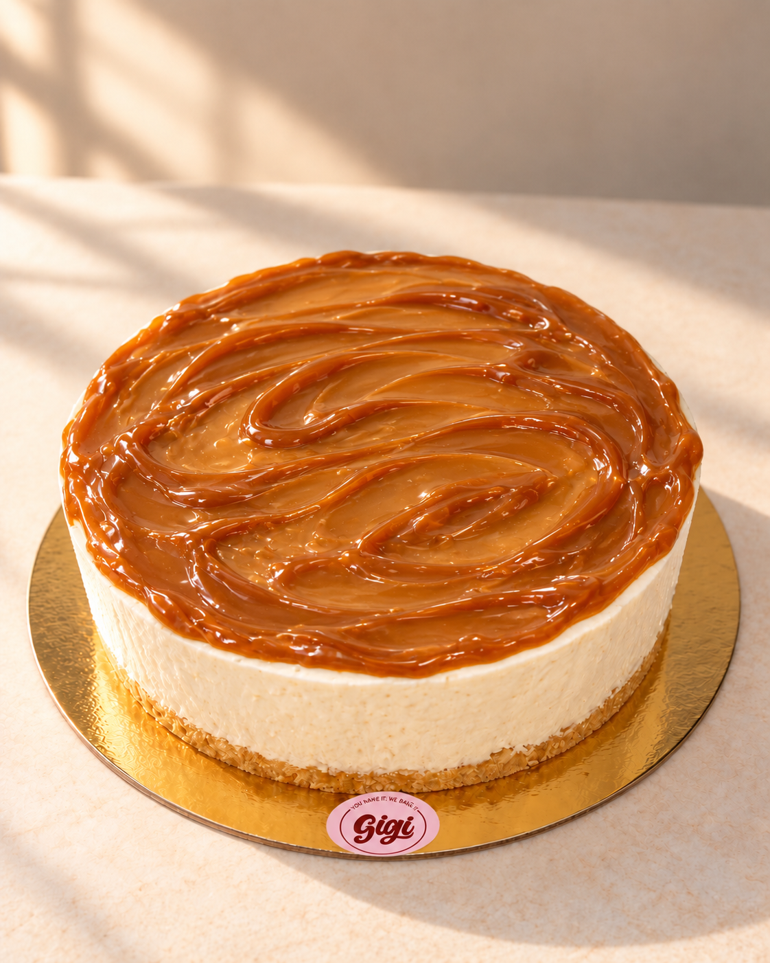 Caramel cheesecake with the Gigi logo — AI-generated flavor preview
