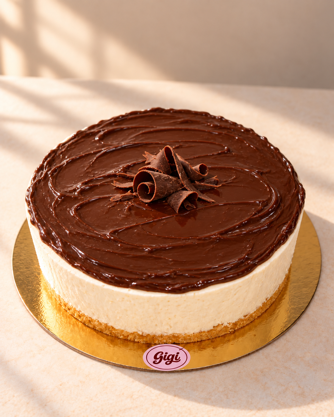 Chocolate cheesecake with the Gigi logo — AI-generated flavor preview