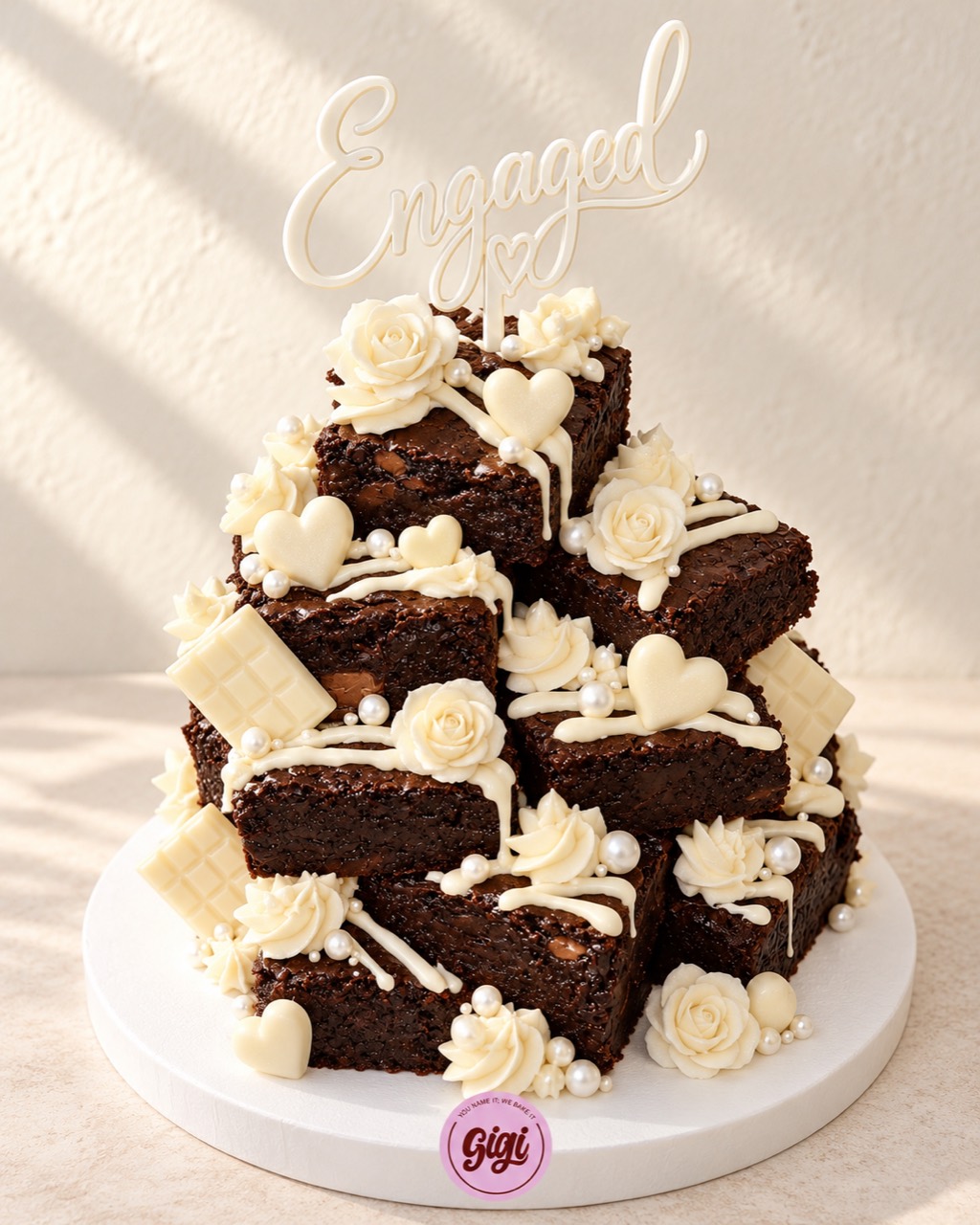 Engagement brownie tower with ivory chocolate decorations