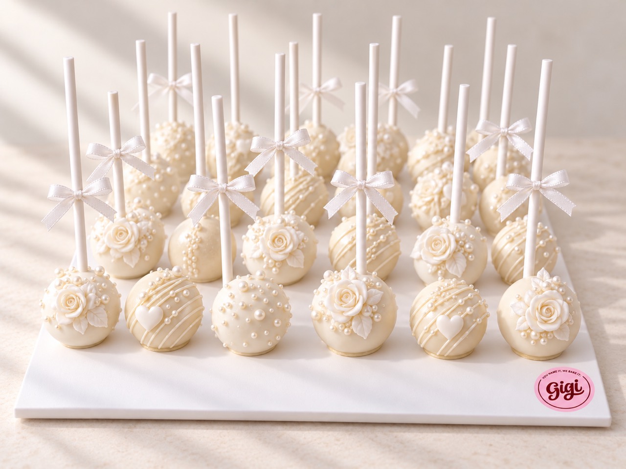 Ivory engagement cake pops with white ribbons