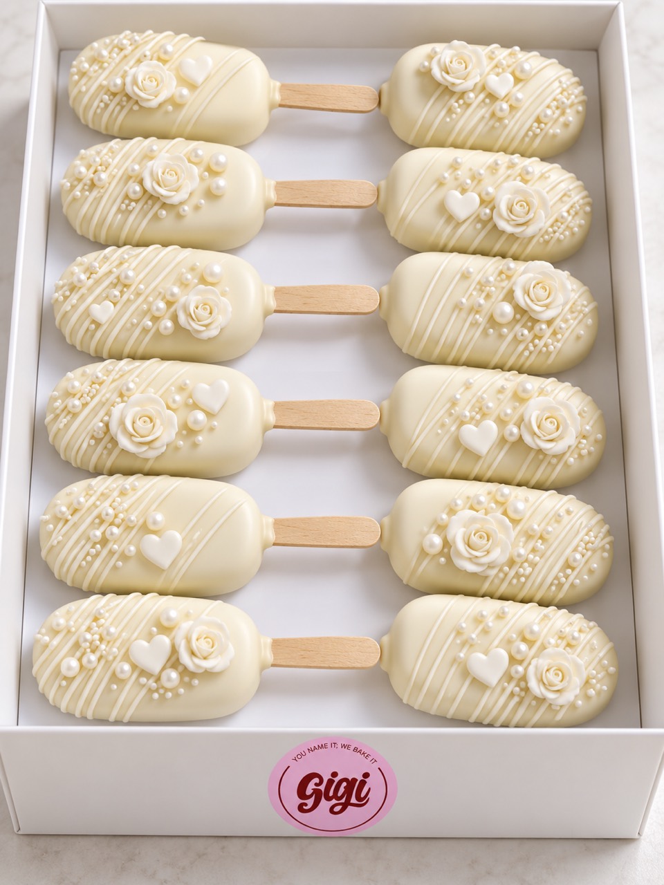 Box of engagement cakesicles with pearl and rose details