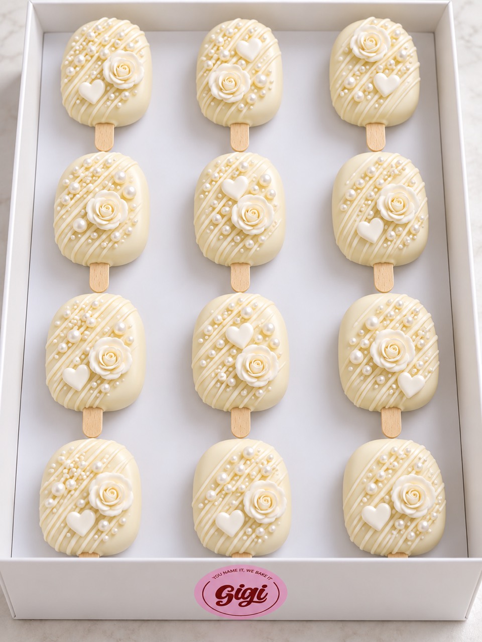 White chocolate cakesicles with roses, hearts and pearls