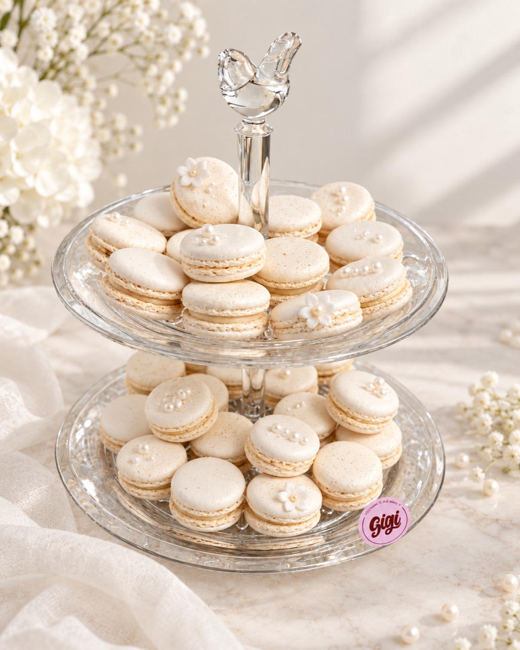 Ivory macarons with flowers and pearls