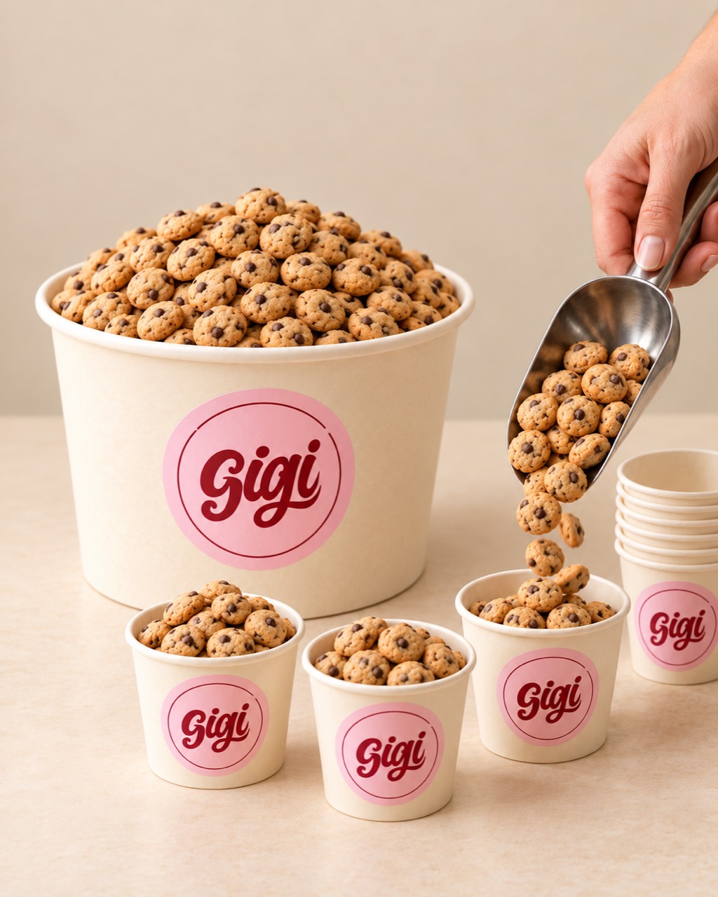Gigi mini chocolate chip cookies with a scoop and branded party cups