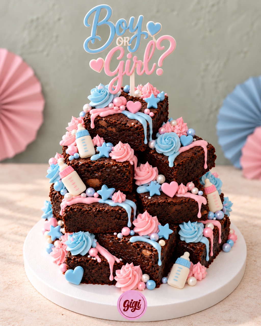 Gender reveal brownie tower with pink and blue decorations