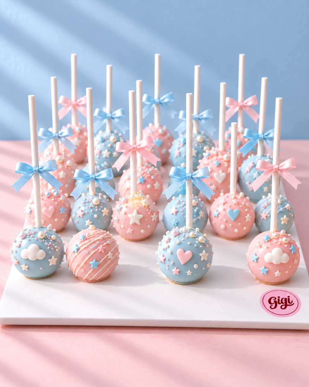 Pink and blue cake pops with ribbons for a gender reveal