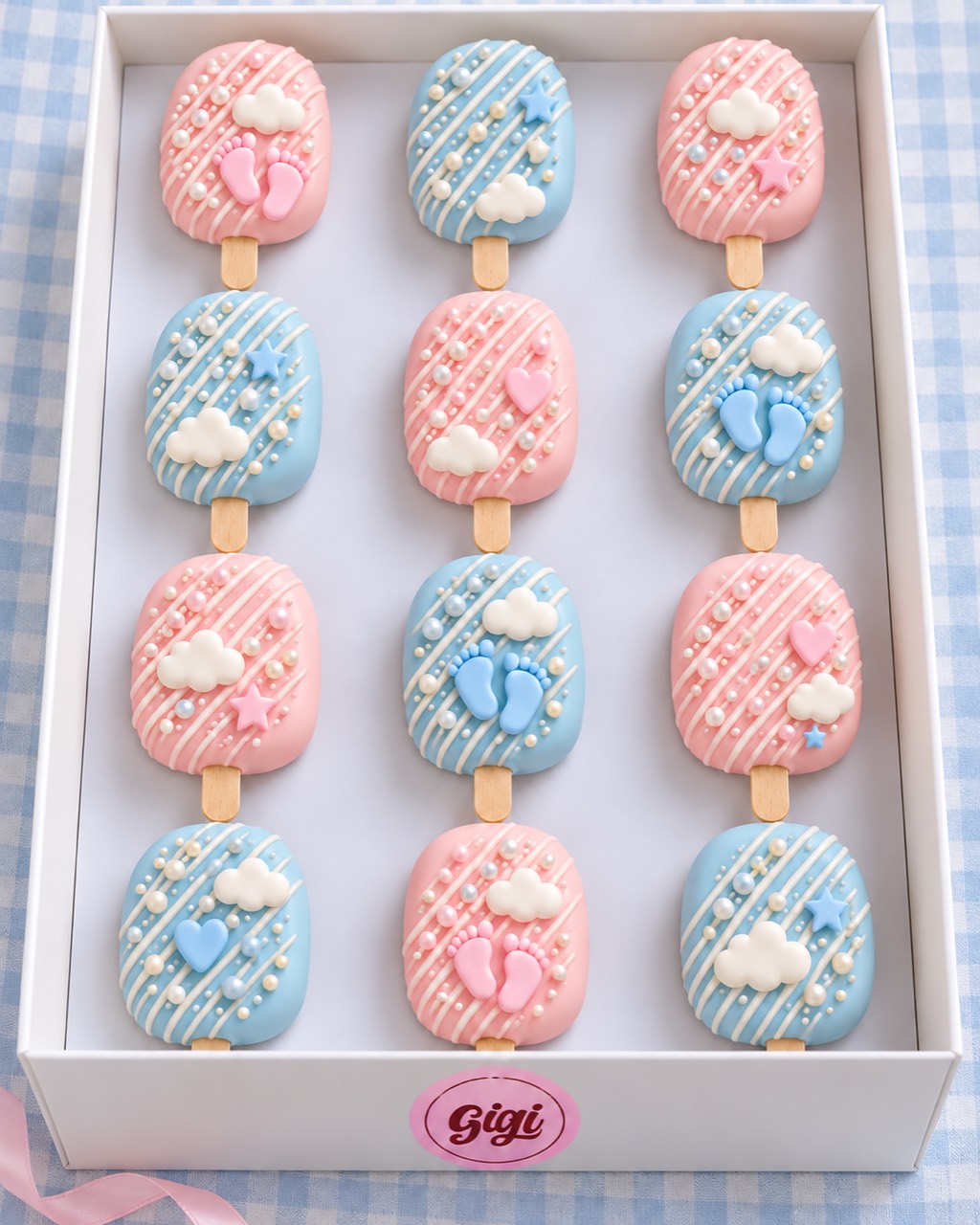 Pink and blue gender reveal cakesicles in a gift box