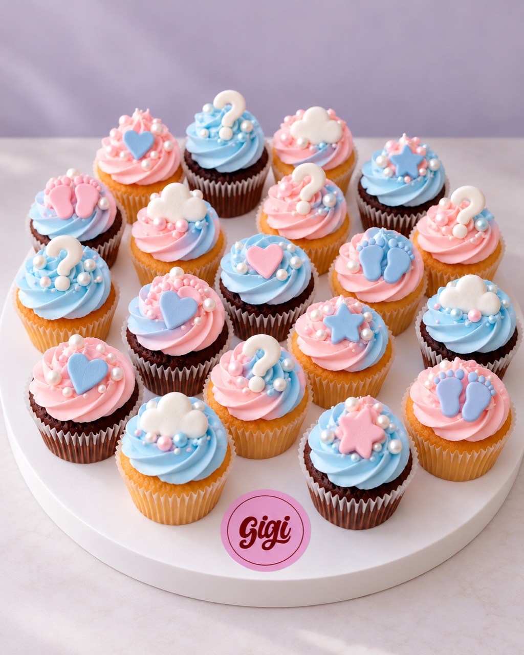 Pink and blue gender reveal cupcakes