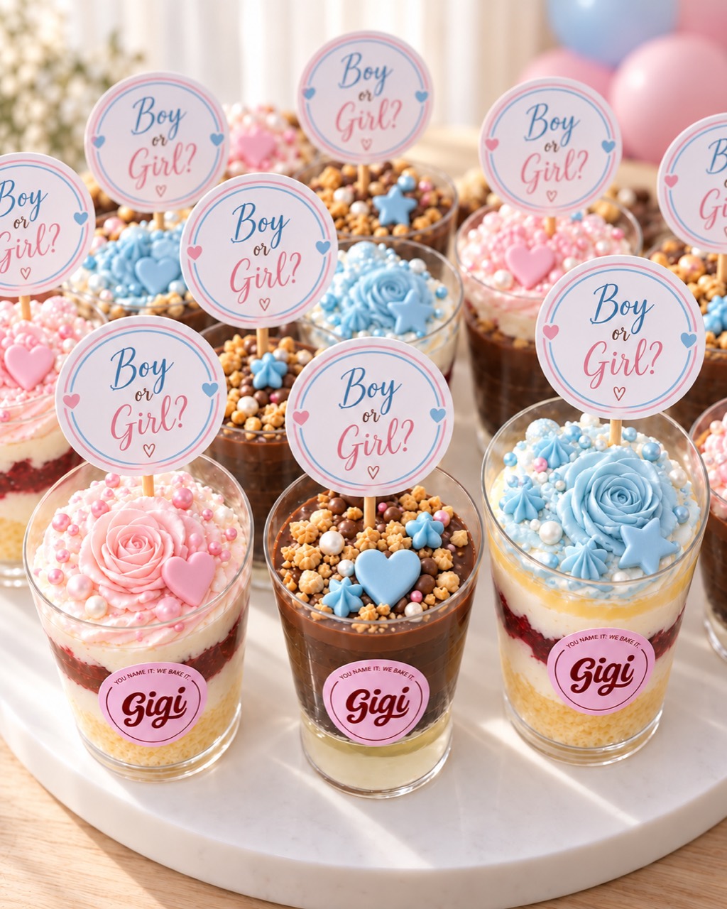 Gender reveal dessert cups with Boy or Girl toppers