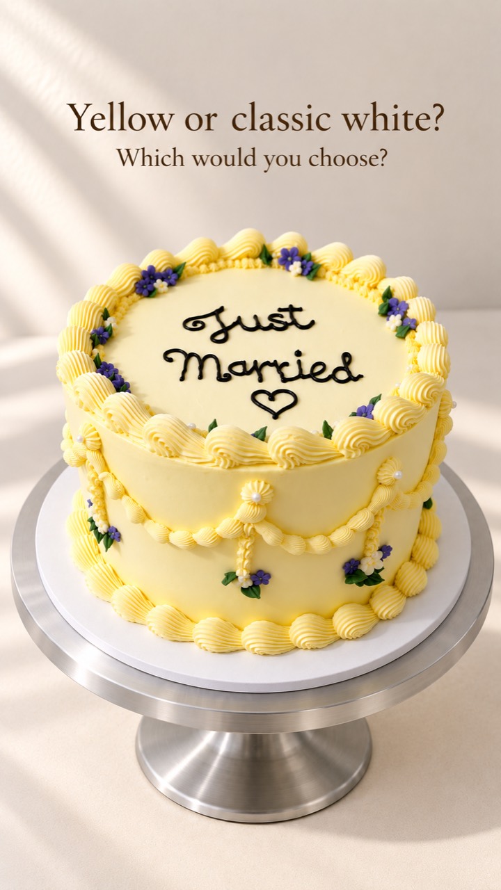 Yellow Just Married cake with piped flowers