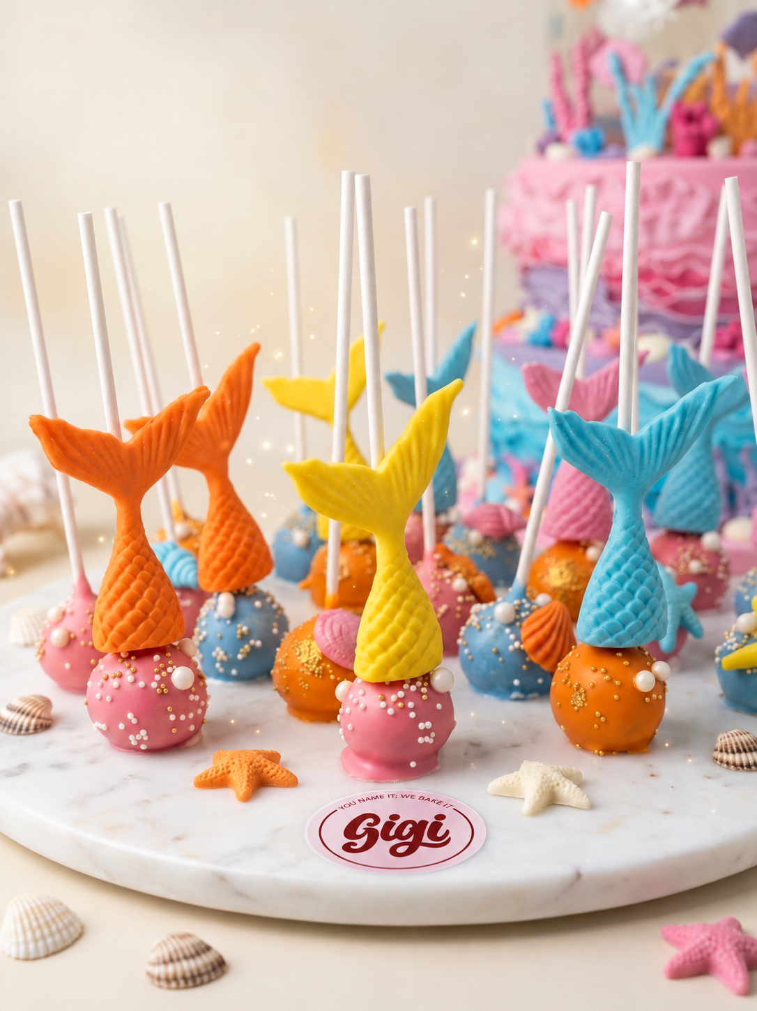 Mermaid-tail cake pops in pink, blue, orange and yellow