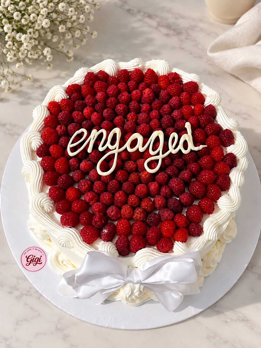 Raspberry engagement cake with white piping and a bow